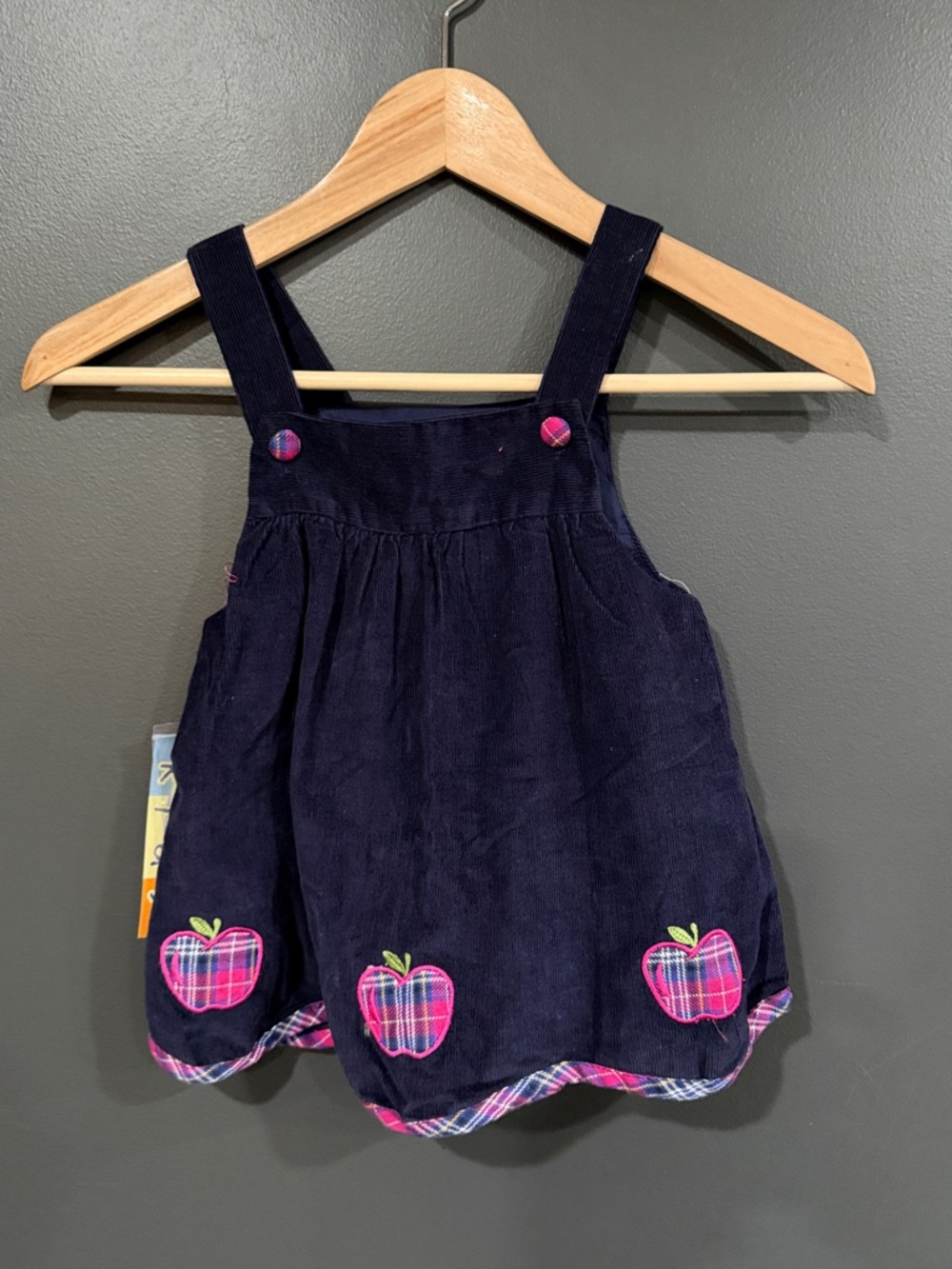 In Design Kids Navy Corduroy dress with Pink Plaid Apples